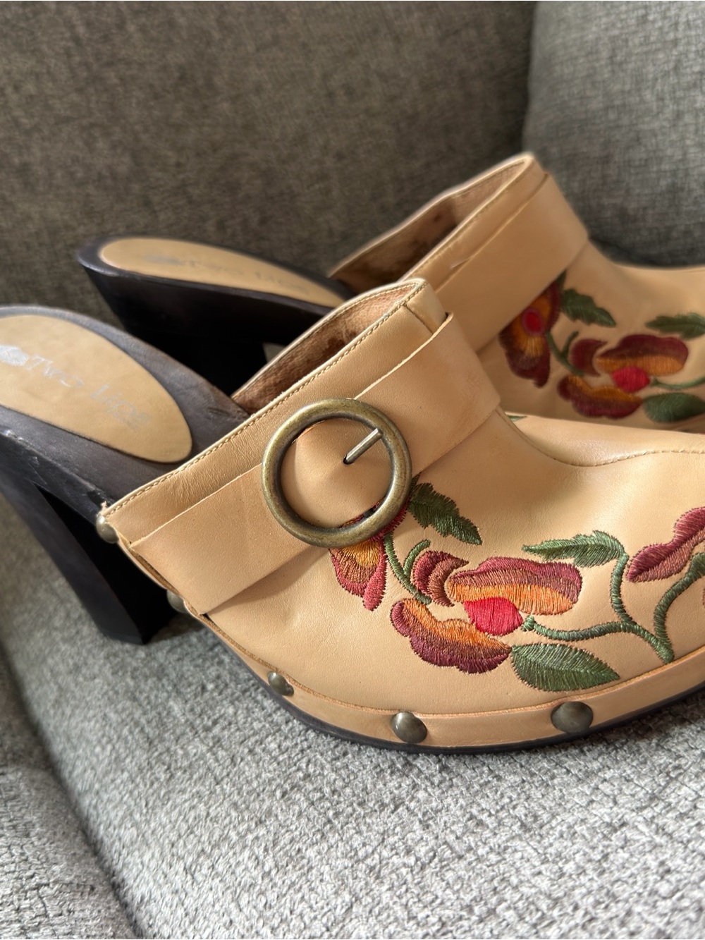 Sara Tan Embroidered Leather Clog Mules with Buckle
